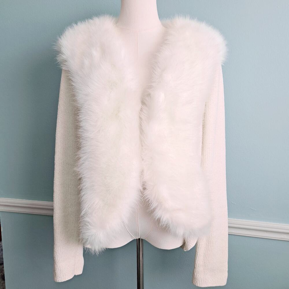 Vintage 90s/Y2K Lisa International Faux Fur Trimmed Cardigan Sweater White XL